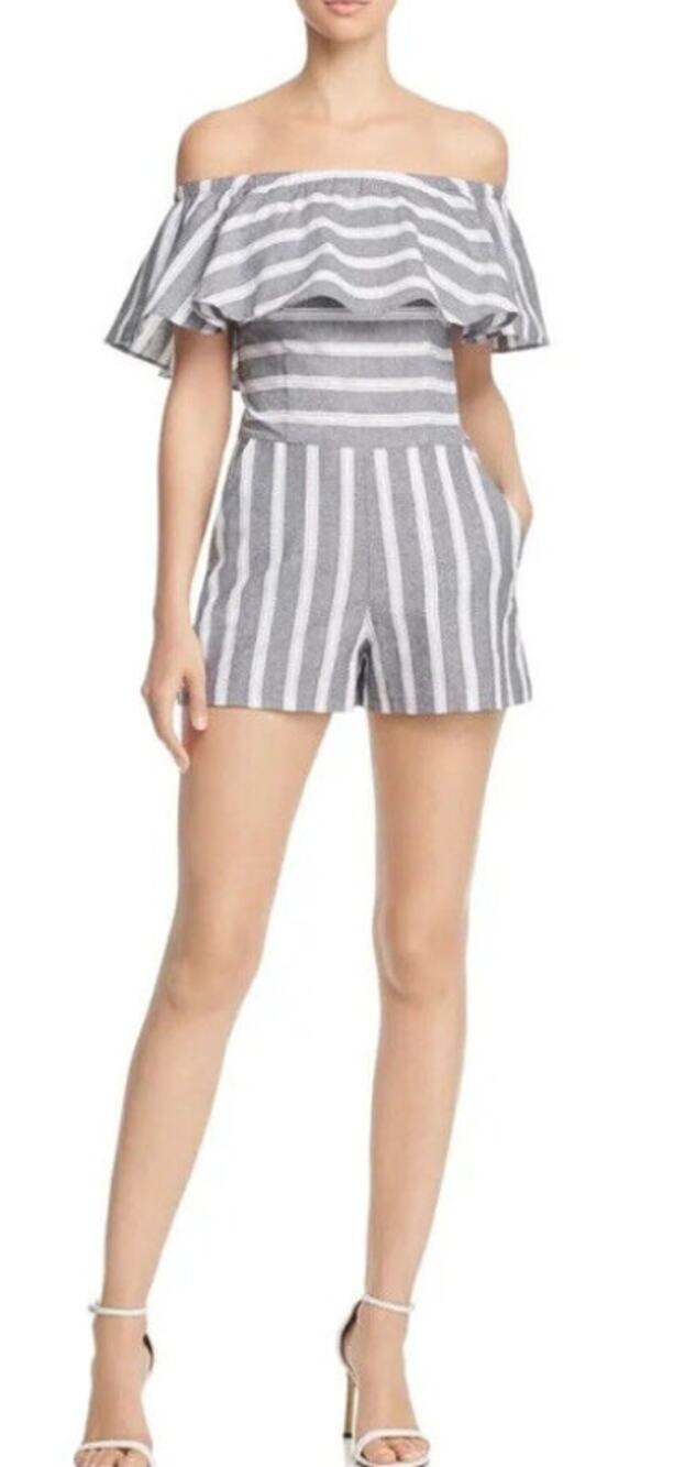 Aqua Womens Romper Large Gray White Stripe 100% Cotton Off-Shoulder Drape EUC